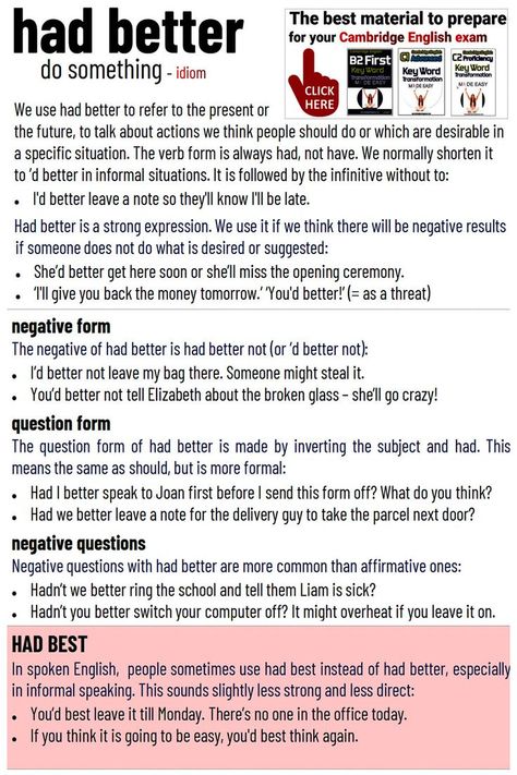 HAD BETTER - GRAMMAR Had Better Grammar, C1 Grammar, Word Transformation, Advanced Grammar, English Grammar Notes, English Grammar Exercises, Basic English Sentences, English Grammar Rules, Good Grammar