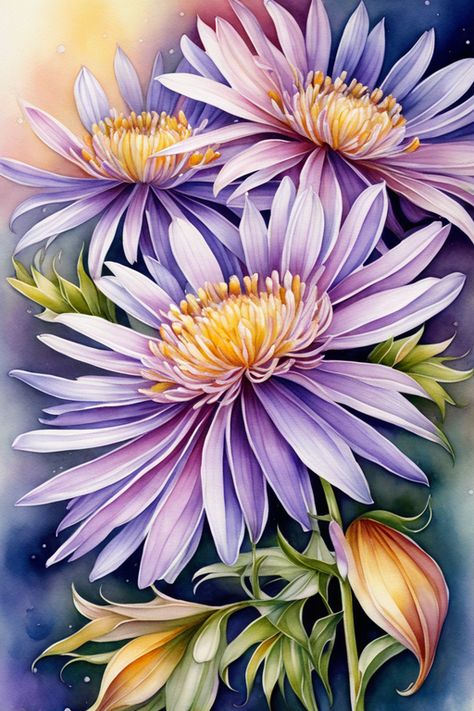 Aster Flower Tattoo Color, Aster Flower Tattoo Design, Aster Flower Drawing, Aster Watercolor, Aster Flower Tattoo, Aster Tattoo, Aster Flower Tattoos, Flower Tattoo Stencils, Flower References