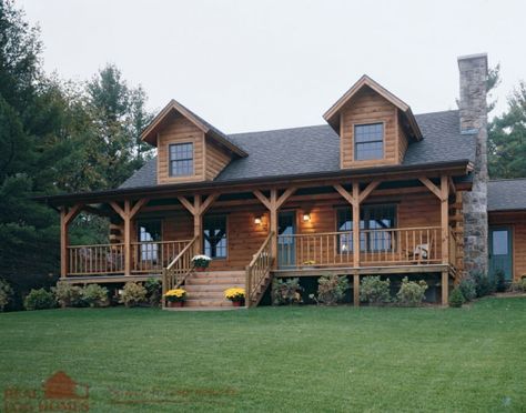 Log Home Bungalow, Log Cabin Homes Exterior Country, Log Homes With Wrap Around Porch, Cabin Style House Exterior, Wooden Log House, Log Home Porch Ideas, Cabin Cottage Homes, Family Cabin Exterior, Modern Log House Exterior