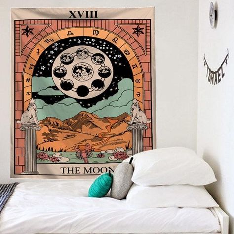 Tarot Card Tapestry, Tarot Tapestry, Colorful Bedroom Decor, Tarot Gifts, The Moon Tarot, Bedroom Wall Hangings, Tapestry Bedroom, Bedroom Deco, Bohemian Tapestry