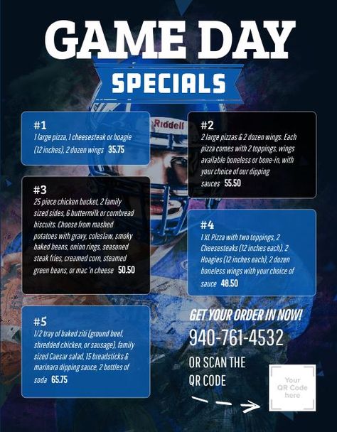 Blue Game Day Football Specials Menu Concession Stand Menu Board, Concession Stand Menu, Wings Menu, Chicken Bucket, Hamburger Restaurant, Menu Maker, Sports Pub, Printable Sports, Grilling Menu