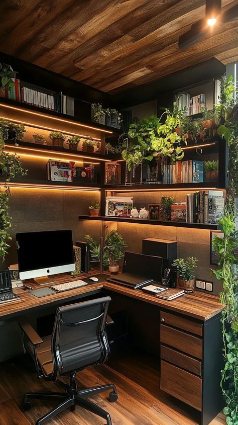 Desk With Shelves On Side, Desk Setup With Plants, Home Office L Shaped Desk Ideas, Dark Green And Wood Office, Rustic Home Office Design, Small Dark Green Office, Dark Wood Office Design, Men's Home Office Design, Home Office Themes