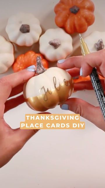 Becca Courtice on Instagram: "SUCH a fun & easy placecard idea! 🙌🏻🍂

What you’ll need:
✅ Acrylic Paint
✅ Any faux pumpkins
✅ A container large enough to dip pumpkin in
✅ Toothpicks
✅ Floral Foam
✅ CraftSmart Oil-Based Pen

📌 Don’t forget to SAVE this to reference when you set up your Thanksgiving table next week!

And if you wanna try this out, there’s a full tutorial on YouTube with more details." Thanksgiving Place Cards Diy, Diy Place Cards, Thanksgiving Place Cards, Faux Pumpkins, Floral Foam, Thanksgiving Table, Fun Easy, Thanksgiving