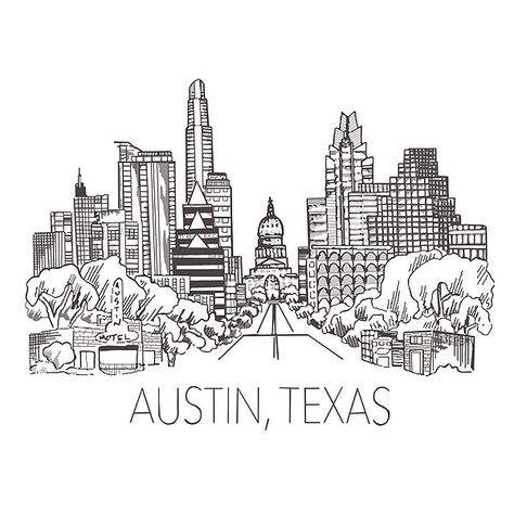 Austin Tx Skyline  by prettythangz | Redbubble Austin Skyline Art, Skyline Sketch, Texas Pictures, Austin Tattoo, Austin Texas Skyline, Skyline Tattoo, Skyline Drawing, Austin Skyline, Pictures To Color