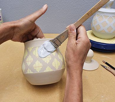 How to Glaze Patterns with Stencils - Ceramic Arts Network Pottery Surface Decoration, Stencil Ceramics, Glaze Techniques Ceramics, Pottery Stencils, Pottery Slips, Glaze Patterns, Surface Techniques, Pottery Making Illustrated, Moroccan Tiles Pattern