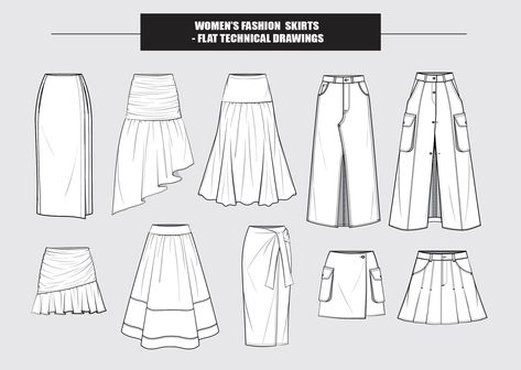 A collection of professional fashion technical sketches of 10 Womenswear fashion skirts, including styles : utility cargo skirt, wrap skirt, mini ruffle skirt, pencil skirt, pleated mini skirt, A-line maxi, asymmetric hem skirt as picture shown (With front & back sides, B/W). Clothing Mockup drawings, which is perfect for fashion students, designers or factories. This purchase is a digital download, no physical product will be shipped.  Upon purchase, you will be able to instant download the ske Cargo Skirt Drawing, Mini Skirt Sketch, Ruffle Skirt Sketch, Pleated Skirt Sketch, Cargo Skirt Technical Drawing, Long Skirt Flat Sketch, Skirt Flat Sketch, Skirt Technical Drawing, Pencil Skirt Flat Sketch