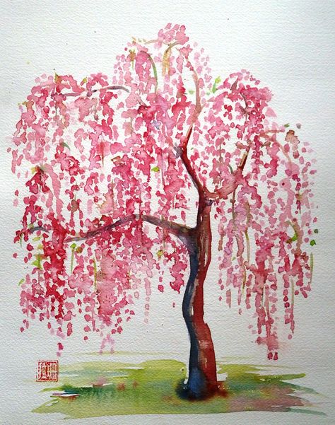 Cherry Tree - Kisses  Chaos Watercolor Art Cherry Blossom, Blossom Tree Watercolour, Watercolor Art Meaningful, Watercolor Cherry Blossom Tree, Cherry Blossom Oil Pastel, Pink Tree Drawing, Pink Willow Tree, Water Colour Tree, Willow Tree Watercolor