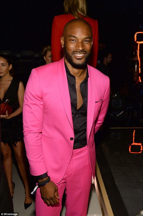 In theme: Tyson, 44, wore a pink suit teamed with a black shirt... Terno Slim Fit, Terno Slim, Prom Tuxedo, Pink Shawl, Overalls Men, Pieces Men, Groom Tuxedo, Womens Prom Dresses, Men Suit