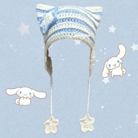 Cinnamonroll Sanrio Crochet Hat, Cinnamoroll Crochet Beanie, Cinnamonroll Hat, Things To Crochet Aesthetic, Crochet Cinnamoroll, Sanrio Crochet, Cat Beanies, White And Blue Crochet, Crochet Cat Beanie