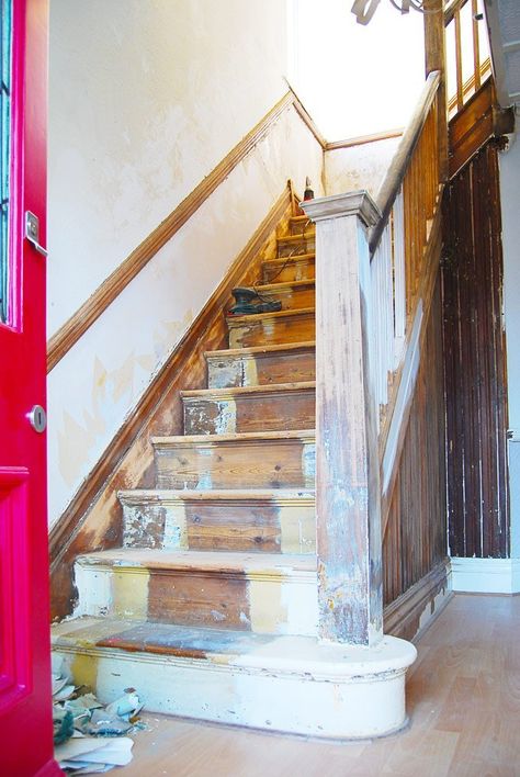 Painted Wooden Stairs, Old Wooden Stairs, Refinish Staircase, Edwardian Staircase, Painting Wooden Stairs, Stained Staircase, Painted Wood Stairs, Cottage Staircase, Refinish Stairs