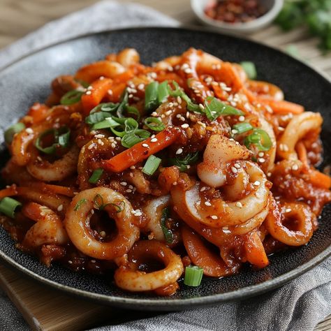 🦑🔥 Get ready for a flavor explosion with Ojingeo Bokkeum—spicy, savory, and irresistibly delicious! 😋 #OjingeoBokkeum #KoreanCuisine Korean Spicy Squid (Ojingeo Bokkeum) Ingredients: Squid (500g, cleaned and sliced) Gochujang (Korean red pepper paste, 2 tbsp) Soy sauce (1 tbsp) Sesame oil (1 tsp) Garlic (3 cloves, minced) Onion (1, sliced) Carrot (1, julienned) Green onion (2 stalks, chopped) Sugar (1 tsp) Sesame seeds (for garnish) Instructions: Sauté garlic and onion in sesame oil until... Ojingeo Bokkeum, Red Pepper Paste, Instagram Recipes, Pepper Paste, Trending Recipes, Minced Onion, Green Onion, Delicious Dishes, Sesame Oil