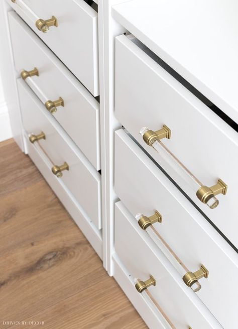 LOVE these acrylic and brass drawer pulls so much! #cabinetpulls #pulls #acrylic #cabinethardware Diy Dressing, Armoire Ikea, Ikea Units, Driven By Decor, Ikea Pax Wardrobe, Acrylic Drawers, Wardrobe Organisation, Pax Wardrobe, Coat Closet