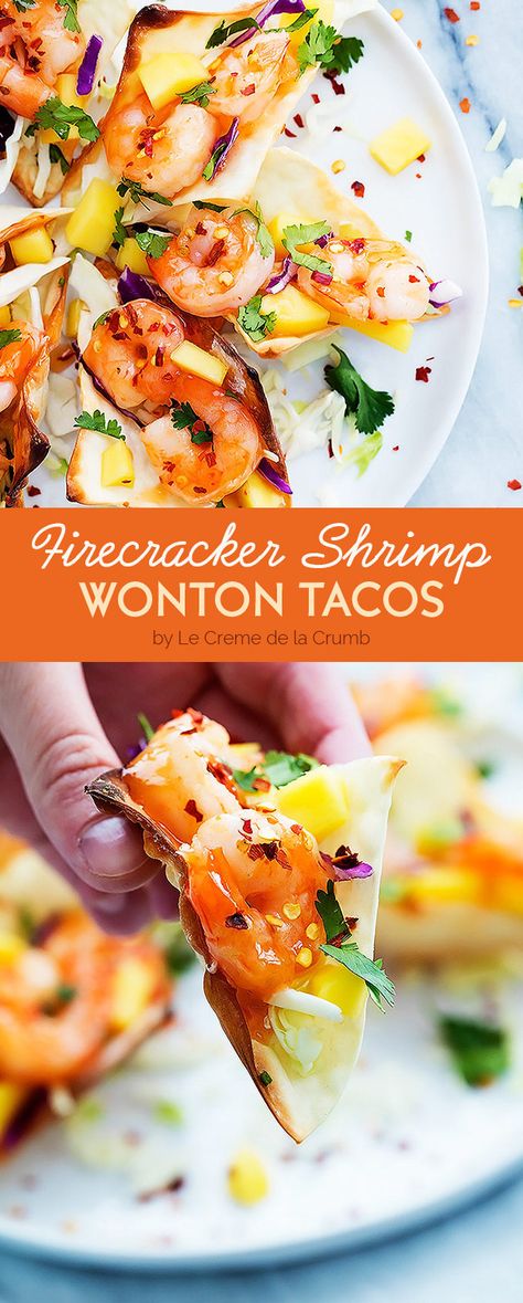 Firecracker Shrimp Wonton Tacos | Here Are 7 Delicious Dinners To Eat This Week Asian Nachos, Firecracker Shrimp, Wonton Tacos, Shrimp Wonton, Ethnic Food, Exercise Ideas, Wontons, Super Bowl Food, Sweet Chili Sauce