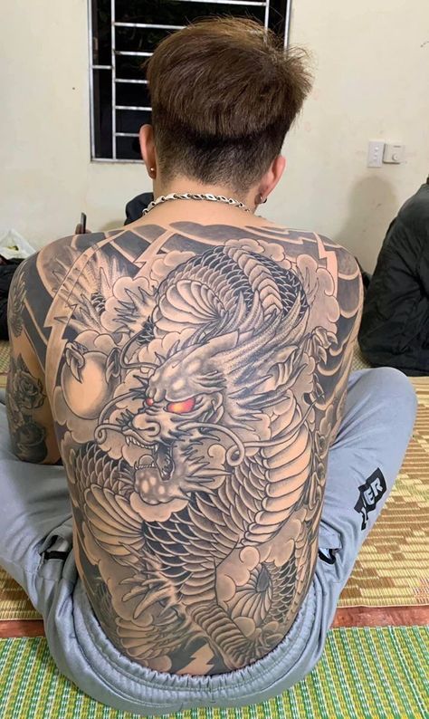 Japanese Dragon Tattoos For Men Back, Samurai Back Tattoo Men, Back Tattoo Men Japanese, Japanese Back Tattoos For Guys, Dragon Back Tattoos Men, Japanese Tattoo Back, Back Tattoo Japanese, Flying Phoenix Tattoo, Back Tattoos For Guys Upper