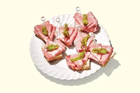 Mortadella Moments recipe | Epicurious.com Last Minute Appetizer, One Bite Appetizers, Cheese Twists, New Year's Eve Appetizers, Quick Appetizers, Appetizer Bites, Free Snacks, Christmas Appetizers, Appetizers Easy