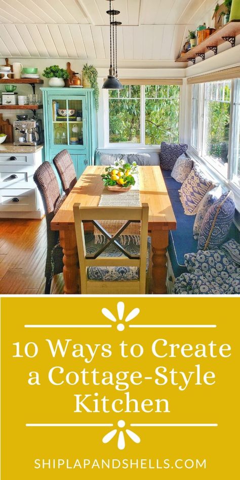 There are so many reasons to love cottage-style home decor. This comfy, cozy, relaxed, "anything goes" way of living is easy to achieve using these 10 easy ways to create a charming cottage-style kitchen. Small Beach House Kitchen Cottage, Eclectic Beach Cottage, Cottage Core Sunroom, Cottage Core Beach House, Cozy Cottage Core Kitchen, Home Interior Design Cottage Core, Cottage Core House Interior, English Cottage Style Kitchen, Cottage Core Kitchen Ideas