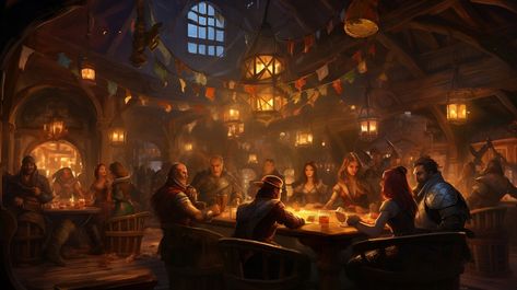 Barracks Fantasy Art, Tavern Interior Art, Medieval Tavern Aesthetic, Fantasy Tavern Art, Tavern Concept Art, Tavern Background, Fantasy Tavern Aesthetic, Fantasy Pub, Fantasy Celebration