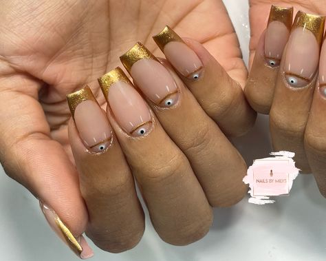 Chrome French Tip Toes, Evil Eye French Nails, Gold French Tip Toes, Evil Eye French Tip Nails, Gold Chrome French Tip Nails, French Tips Gold, Gold French Tip Nails, Gold French Tips, Nail Art Gold