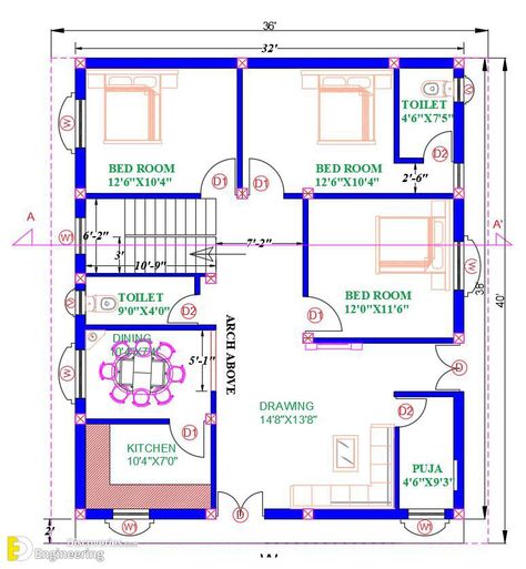 Small House Design Floor Plan, Autocad Plan, Smart House Plans, Drawing House Plans, A House Plan, Small House Blueprints, 30x40 House Plans, 2bhk House Plan, Bungalow Floor Plans