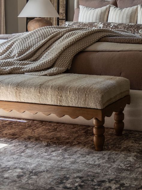 DIY Vintage Kilim Upholstered Scalloped Wooden Bench - Hamilton Park Home diy bench, diy upholstered bench, kilim bench, rug bench, vintage bench, scalloped bench, end of bed bench, upholstered bench, wavy bench, bench for king bed, bedroom decor, cushioned bench, free template, kilim rug, neutral bench, how to build a bench, modern vintage bench, modern vintage bedroom, moody bedroom, bedroom design, white oak bench, how to, kilim rug bench, striped bench, bench legs, size of bench for king bed White Oak Bench, Modern Vintage Bedrooms, Large Wood Slices, Kilim Bench, Brown Rooms, Moody Bedroom, Vintage Bench, End Of Bed Bench, Diy Concrete