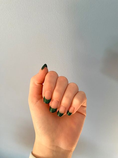 Green Sparkly French Tip Nails, Sparkly Dark Green French Tip Nails, Shiny Green French Tip Nails, Glittery Green French Tip Nails, Dark Emerald Green Nails Sparkle, French Top, Glitter French Tips, Glittery Nails, Prom Nails