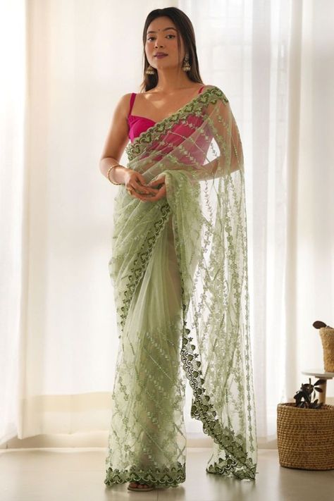 Pistachio Green Embroidered Net Saree for Party Pista Colour, Saree Designs Latest, Latest Saree Designs, Saree For Party, Saree With Contrast Blouse, Contemporary Saree, Lehenga Style Saree, Sequence Saree, Designer Sarees Wedding