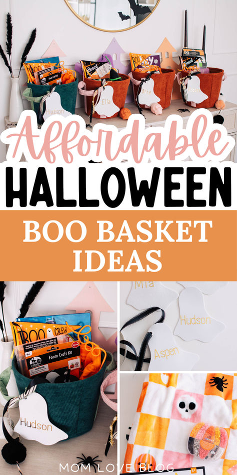 Photo collage of boo basket ideas with text that reads "affordable halloween boo basket ideas." Simple Boo Baskets For Kids, Boo'd Basket Ideas, Boo Basket Examples, Small Halloween Gift Baskets For Kids, Boo Bag Ideas Kids, Easy Cheap Boo Baskets, Teenage Boo Baskets, Boo Basket Ideas For Teen Boys, Cheap Boo Basket Ideas Diy