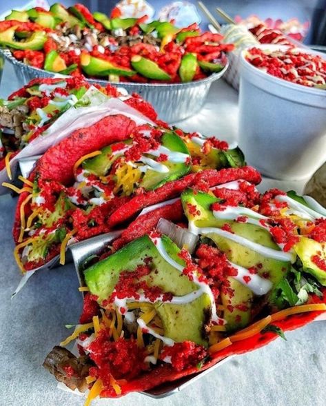 Hot cheetos tacos 🔥🌮🔥 Hot Cheeto Tacos, Cheetos Recipes, Cheetos Recipe, Spicy Chips, Different Types Of Food, Flaming Hot, Hot Cheetos, Spicy Snacks, Food Babe