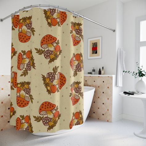 Orange Bathroom Walls, Hippie Living Room, Groovy Room, Atomic Decor, Merry Mushroom, Retro Shower Curtain, Orange Color Schemes, Mid Century Modern Christmas, Orange Bathrooms