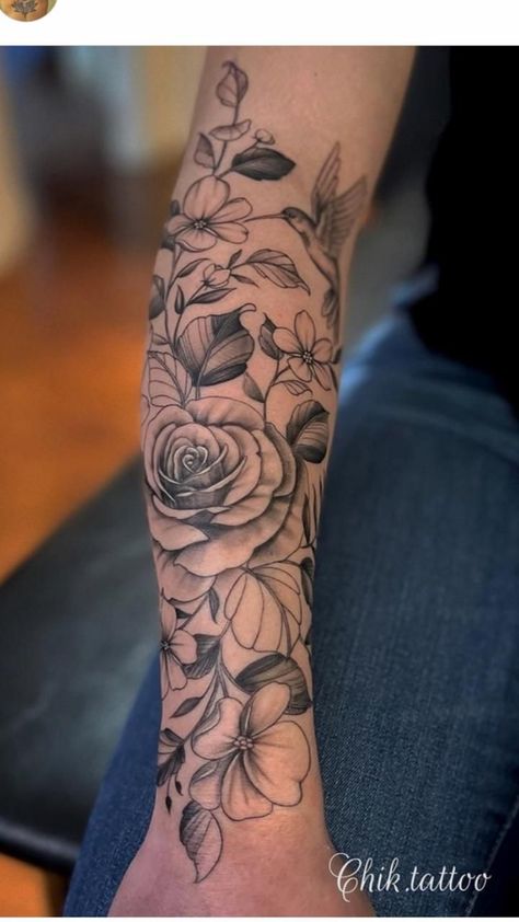 Rose Half Sleeve Tattoos For Women, Floral Half Sleeve Tattoo, Half Sleeve Tattoos Forearm, Beautiful Flower Tattoos, Floral Tattoo Sleeve, Pretty Tattoos For Women, Forearm Tattoo Women, Shoulder Tattoos, Flower Tattoo Sleeve