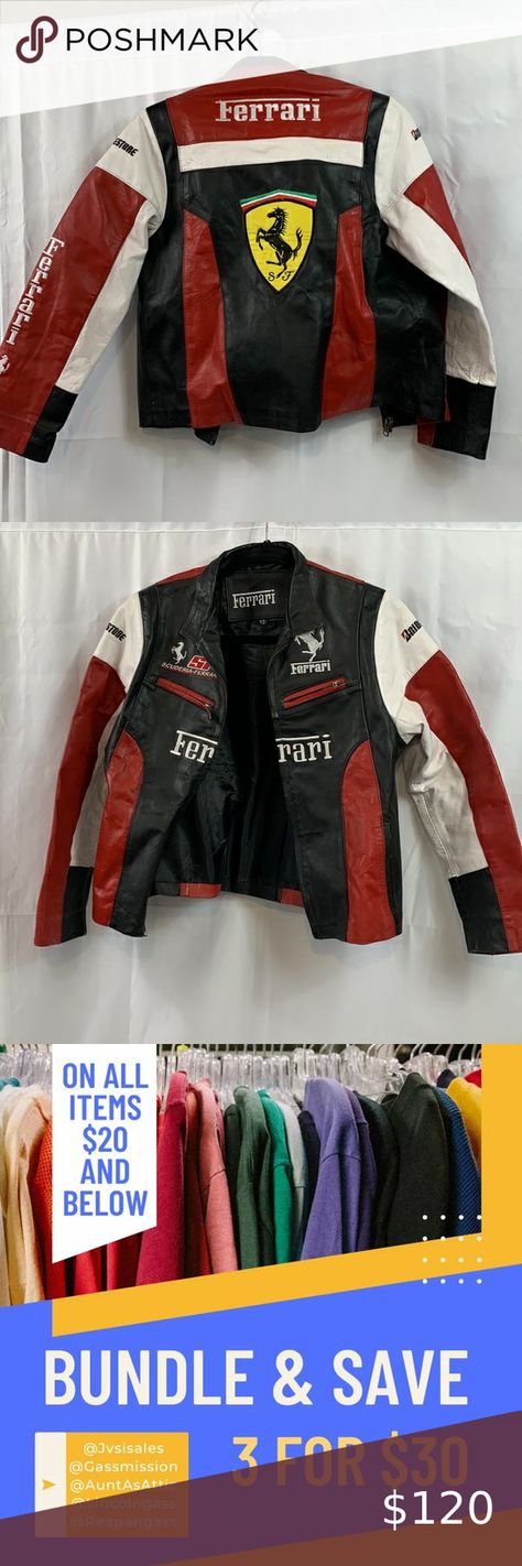 Ferrari Vintage Embroidered Leather Jacket in Black / White / Red Size 12 NWOT Formula 1 Leather Jacket, Red And White Leather Jacket, Leather Ferrari Jacket, F1 Leather Jacket, Ferrari Leather Jacket Outfit, Bike Jacket Women Outfit, Ferrari Jacket Outfit Women, Black Ferrari Jacket, Vintage Ferrari Jacket