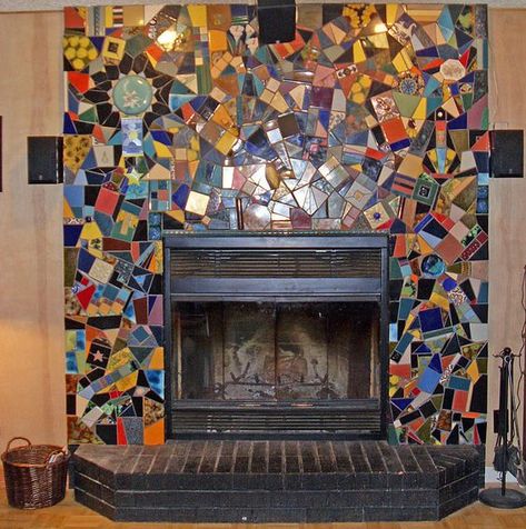 Giving your fireplace an ultimate facelift with mosaic art Fireplace Mosaic, Glass Tile Fireplace, Mosaic Tile Fireplace, Mosaic Fireplace, Fireplace Facing, Gorgeous Fireplaces, Fireplace Frame, Mosaic Tile Designs, Wooden Fireplace