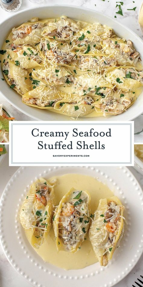 Stuffed Seafood Pasta Shells, Seafood Anniversary Dinner Ideas, Fancy Anniversary Dinner, Fancy Dishes Dinners, Fancy Meals Dinners, Fancy Seafood Dishes, Salmon Stuffed Shells, Fancy Seafood Dinner, Fancy Dinner Ideas