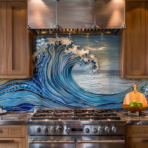 Transform your kitchen into a coastal retreat with our wave-inspired backsplash. Each tile captures the fluid motion of the ocean, bringing a sense of tranquility to your space. Conceptual AI Art Follow @ecosapiens for more! Wave Backsplash, Trendy Backsplash, The Big Wave, Coastal Kitchen Design, Coastal Kitchen Decor, Beach House Kitchens, Coastal Retreat, Coastal Kitchen, Dream House Interior