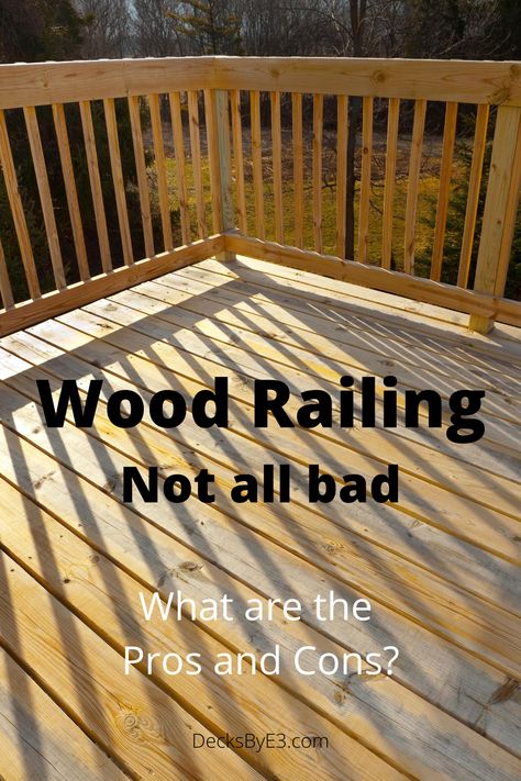 Wood railing is the traditional choice for decks. Here they have horizontal 2x6 and 2x4 wood rails with vertical pickets design. Unpainted to allow the woods natural beauty to to be seen but a clear stain will help preserve the wood. There are some pros to wood railing but of course, there are also cons. A simple design to be enjoyed in your backyard. Wood Deck Railing, Aluminum Railing Deck, 2x4 Wood, Railing Ideas, Wood Railing, Staining Deck, Deck Railing, House With Porch, Building Code