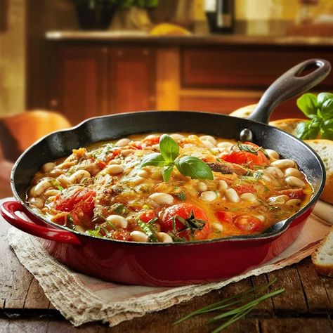 Creamy Tuscan White Bean Skillet: A Rustic Italian Feast Creamy Tuscan White Bean Skillet, Tuscan White Bean Skillet, White Bean Skillet, Tuscan White Bean, Italian Feast, White Bean Chili, Rustic Italian, Vegan Main Dishes, Raw Diet