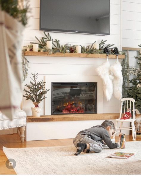 Living Room Fake Fireplace, Small Living Room Ideas With Fireplace Cozy, Entertainment Center Ideas With Fire, Alternative Storage Ideas, Shiplap Wall With Fireplace, Gas Fireplace Wall Ideas, Gas Fireplace Surround Ideas, Faux Foyer, Above Fireplace Ideas