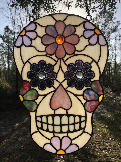 Stained Glass Skull Patterns, Stained Glass Candy, Stained Glass Skull, Coffee Paint, Stained Glass Mosaic Art, Stained Glass Gifts, Candy Skull, Glass Mosaic Art, Stained Glass Decor