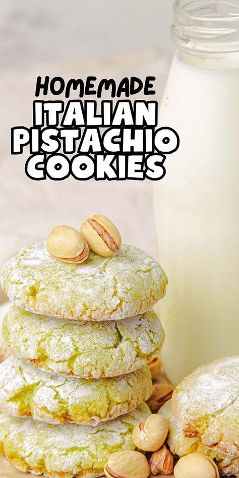 These Italian pistachio cookies are a true treat. With their light and airy texture, they’re bursting with the rich flavors of almond and pistachio flour. Each bite melts in your mouth, offering the perfect combination of a crunchy outside and a soft, chewy center that’s simply irresistible. Plus, they’re so pretty with their charming crackled tops dusted in powdered sugar. You won’t be able to stop at just one - they're almost addictive! If you like pistachios you're going to love these ... Italian Pistachio Cookies Recipe, Pistachio Cookie, Almond Flour Substitute, Green Vibe, Cookie Deserts, Amaretti Cookies, Pistachio Cookies, Simply Irresistible, Homemade Italian