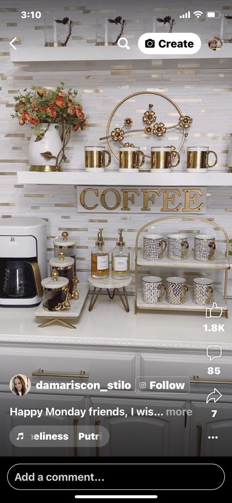 French Coffee Bar Ideas, Boujee Kitchen Decor, Elegant Coffee Bar Ideas, Kitchen Without Island, Glam Coffee Bar, Tea Set Decor, Farmhouse Dinnerware Sets, Small Bedroom Inspiration, Painted China Cabinets