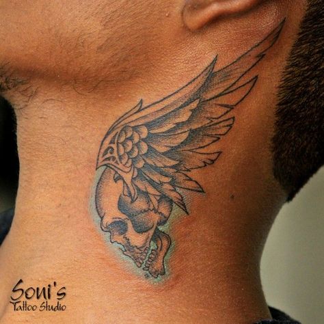 Skull Wing Tattoo, Wings Neck Tattoo Men, Angel Skull Tattoo, Skull And Wings Tattoo, Skull With Wings Tattoo, Skull Wings Tattoo, Owl Neck Tattoo, Wing Neck Tattoo, Hood Neck Tattoo For Guys