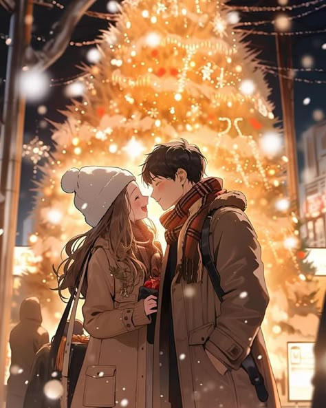 Anime Christmas Couple, Couple Poses Christmas, Couple Winter, Korean Painting, Christmas Romance, Crispy Cookies, Anime Christmas, Dreamy Landscapes, Winter Love