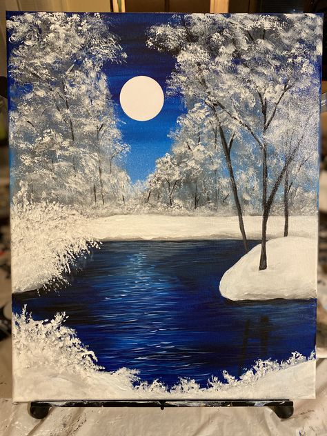 Seasonal Acrylic Paintings, Snow Paintings On Canvas, Cold Painting Ideas, Winter Peisage Drawing, Snow Mountain Painting Acrylic, Acrylic Snow Painting, Winter Landscape Painting Easy, Snow Painting Acrylic Winter Scenes Easy, Winter Painting Ideas Acrylic