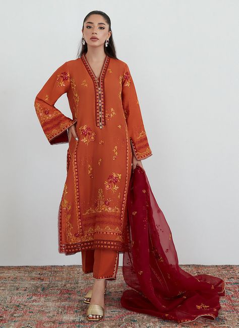 Luxury Designer Outfits, Pakistani Wear, Farah Talib Aziz, Embellished Wedding Dress, Velvet Shawl, Embroidered Pants, Simple Pakistani Dresses, Organza Dupatta, Orange Fabric