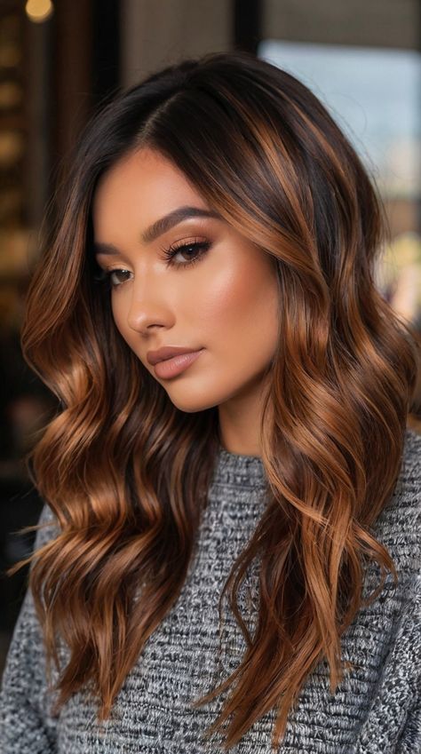 Copper Tips On Brown Hair, Rooty Copper Hair, Brunette And Copper Balayage, Fun Summer Hair Color For Brunettes, Brown And Copper Balayage, Brunette Copper Balayage, Cooper Balayage Brunettes, Copper Brown Balayage, Dark Copper Balayage Brunette