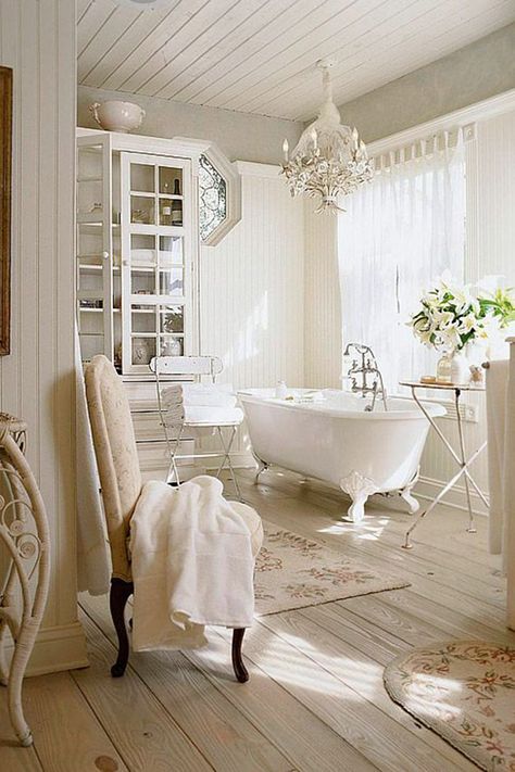 Pull together a rustic-inspired bathroom with an old-fashioned standalone bathtub for a vintage look.     - HarpersBAZAAR.com Baie Vintage, Baños Shabby Chic, Romantic Bathrooms, Cottage Style Bathrooms, Shabby Chic Decorating, Chic Bathroom Decor, Farmhouse Bathroom Remodel, French Country Bathroom, Interior Design Per La Casa