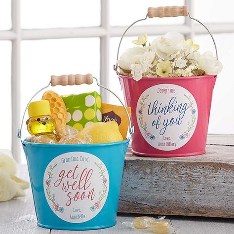 Painted buckets filled with gifts of your choice make a lovely gesture! 4 Color Combos, Enterprise Ideas, Personalized Treat Bags, Get Well Gift Baskets, Metal Buckets, Dog Treat Jar, Tummy Workout, Teacher Personalized, Get Well Soon Gifts