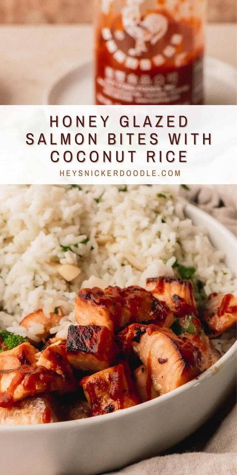 These delicious Honey Glazed Salmon Bites With Coconut Rice are the perfect combination of sweet and spicy. Featuring tender salmon coated in a sweet honey glaze with just a hint of crushed red pepper flakes for a touch of heat and served with coconut rice made with toasted coconut and fresh cilantro. And to top it off, this dish gets a drizzle of Sriracha to bring all those yummy flavors together perfectly! Coconut Rice Salmon, Sweet Chili Salmon Bites, Coconut Rice Meals, Salmon Coconut Rice, Glazed Salmon Bites, Salmon With Coconut Rice, Honey Glazed Salmon, Ginger Salmon, Salmon Bites