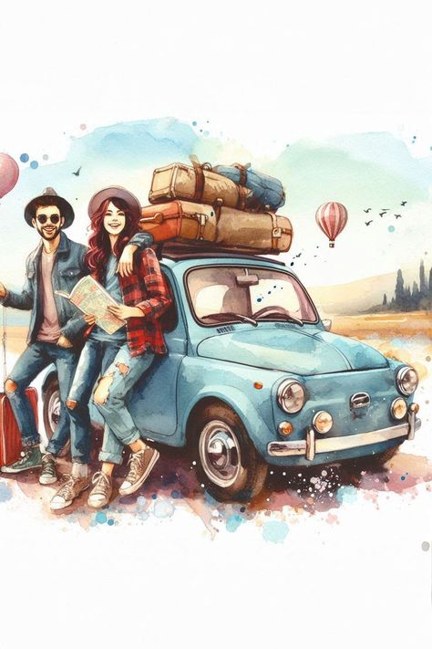 Illustration of a couple traveling in watercolor style #wprime #vacation #watercolorstyle #illustration #travel #trip Illustration Of Couple, Couple Watercolor, Illustration Travel, Travel Illustration, Travel Trip, Travel Couple, A Couple, Travel