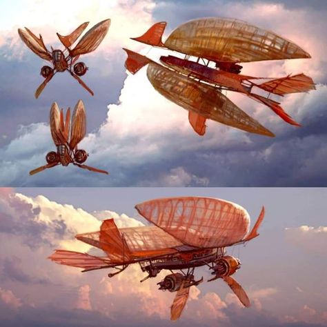 Create a fantasy-themed aircraft1 Steampunk flying machine with transparent wings gliding through a cloudy sky, showcasing intricate mechanical design and vibrant orange hues. | Sky Rye Design Astral Sea, Sky Pirate, Flying Ships, Biomechanical Engineering, Transparent Wings, Airship Art, Cartoon Plane, Portugal Map, Flying Ship